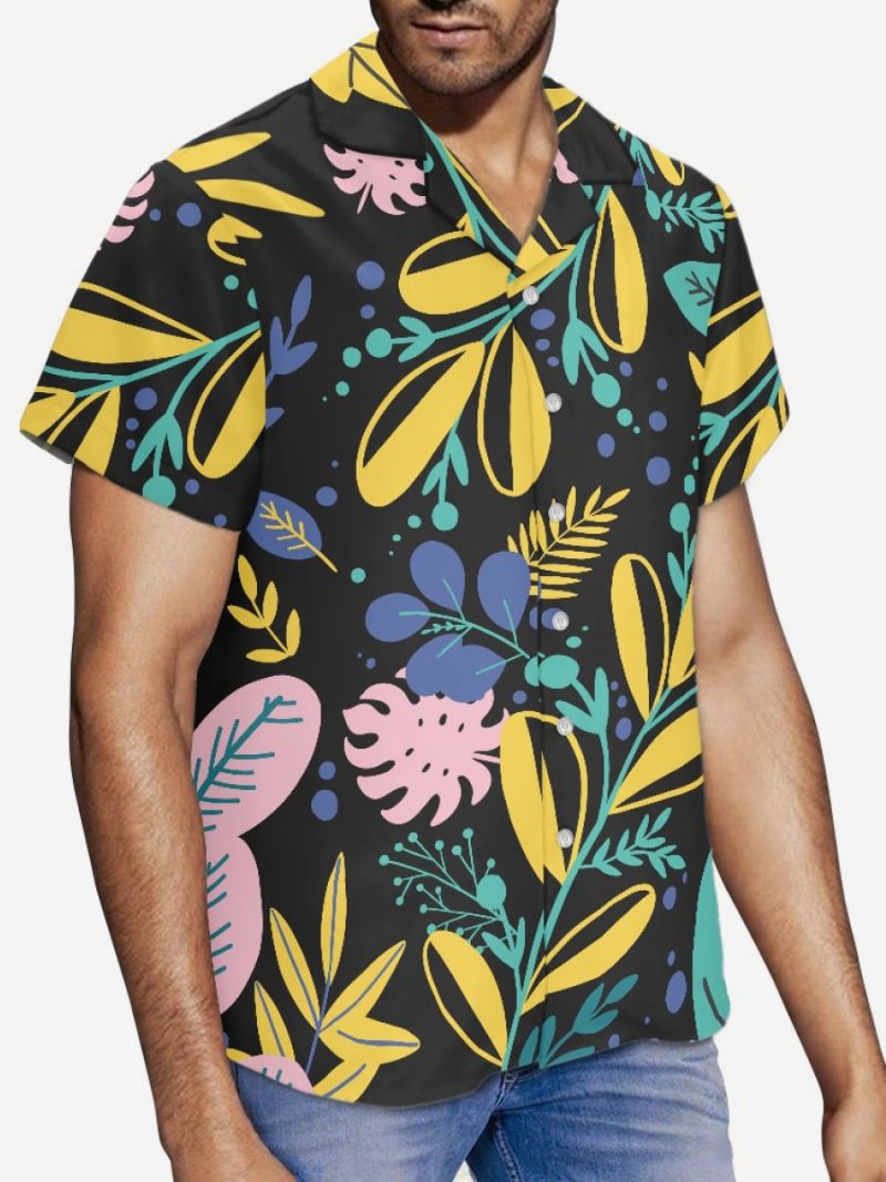 Kortärmad Hawaii-skjorta För Män Plant Printed Vacation Top - Svart