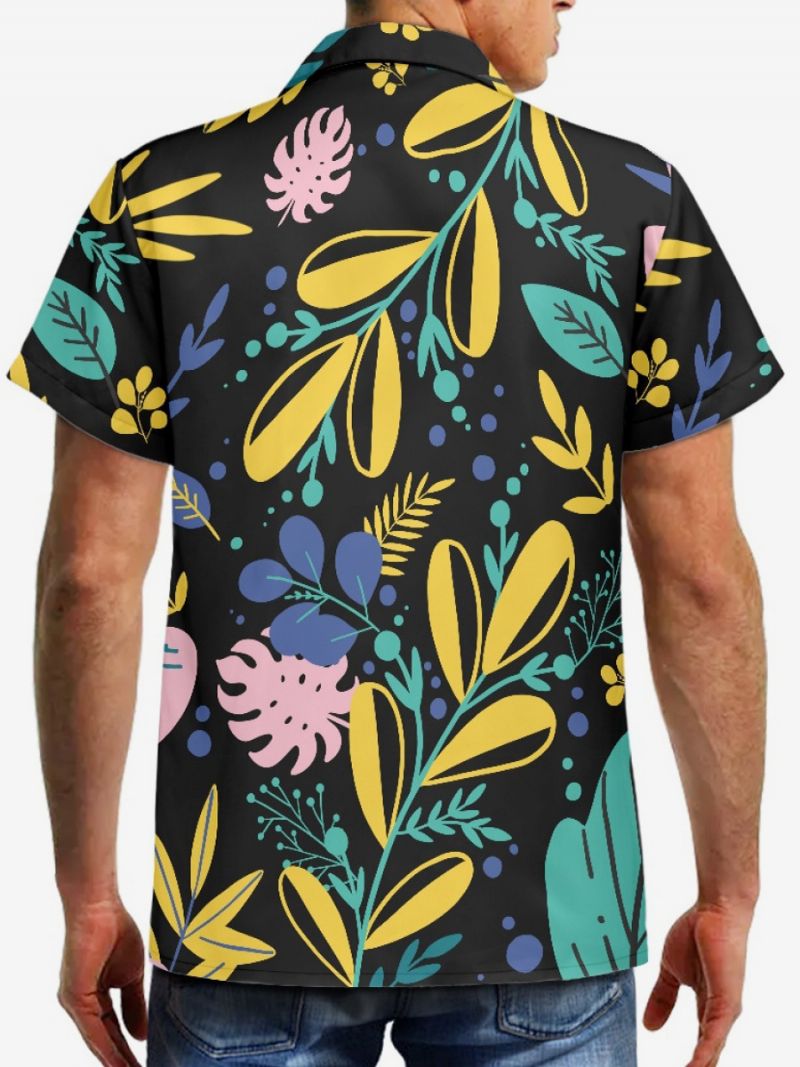 Kortärmad Hawaii-skjorta För Män Plant Printed Vacation Top - Svart