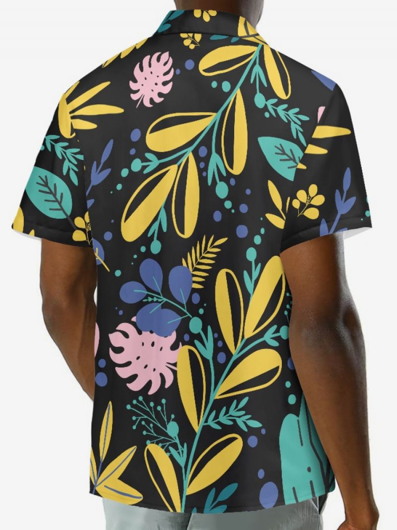 Kortärmad Hawaii-skjorta För Män Plant Printed Vacation Top - Svart