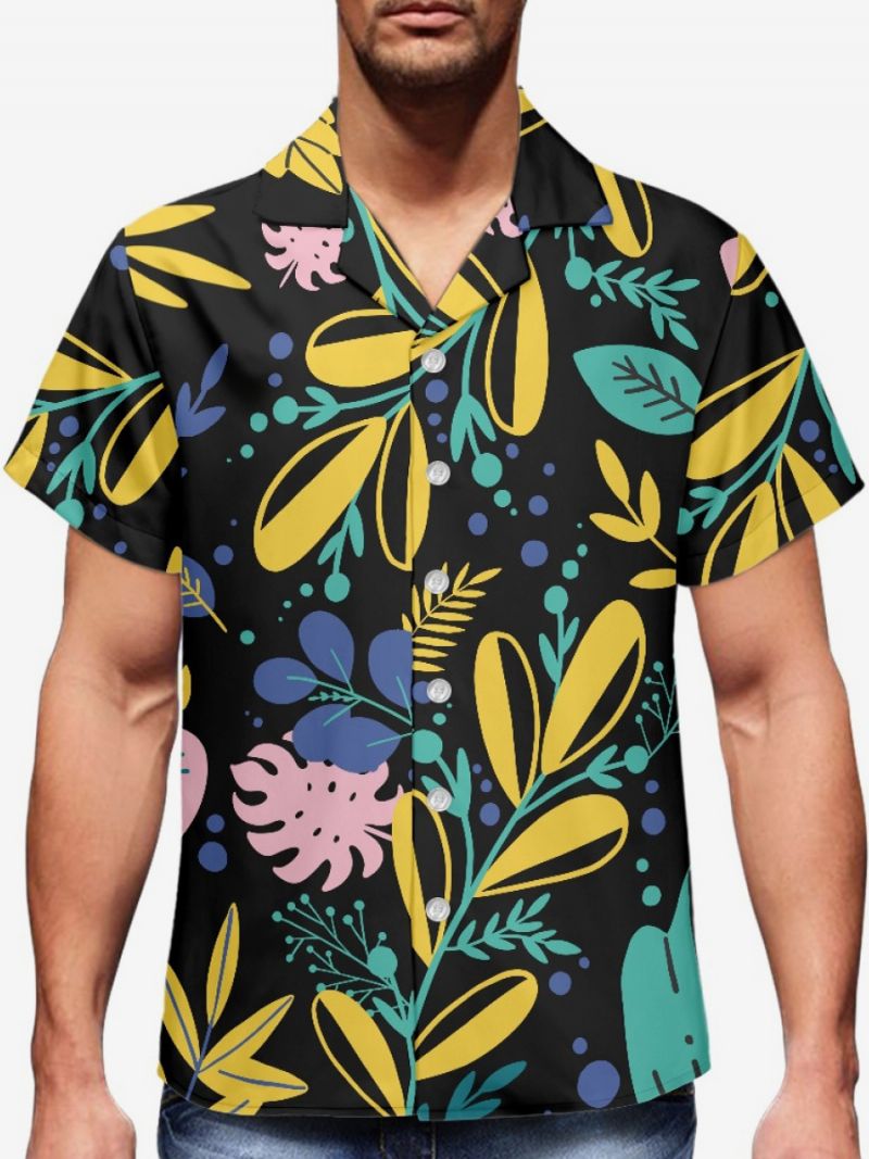 Kortärmad Hawaii-skjorta För Män Plant Printed Vacation Top - Svart