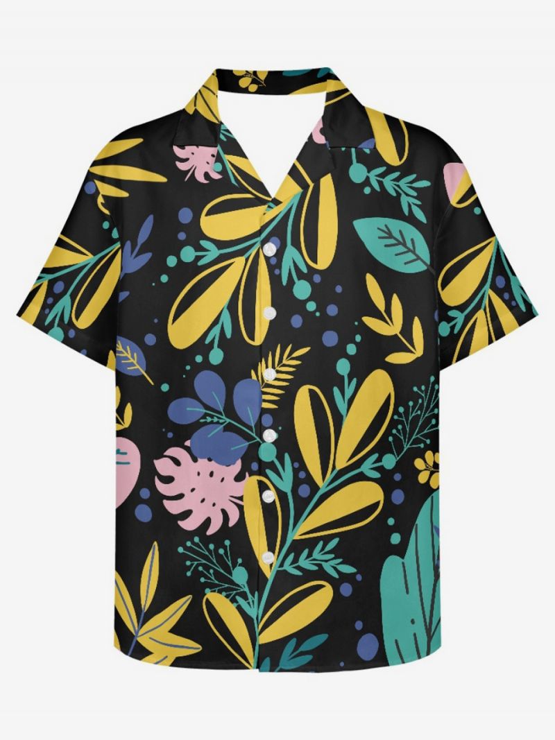 Kortärmad Hawaii-skjorta För Män Plant Printed Vacation Top - Svart