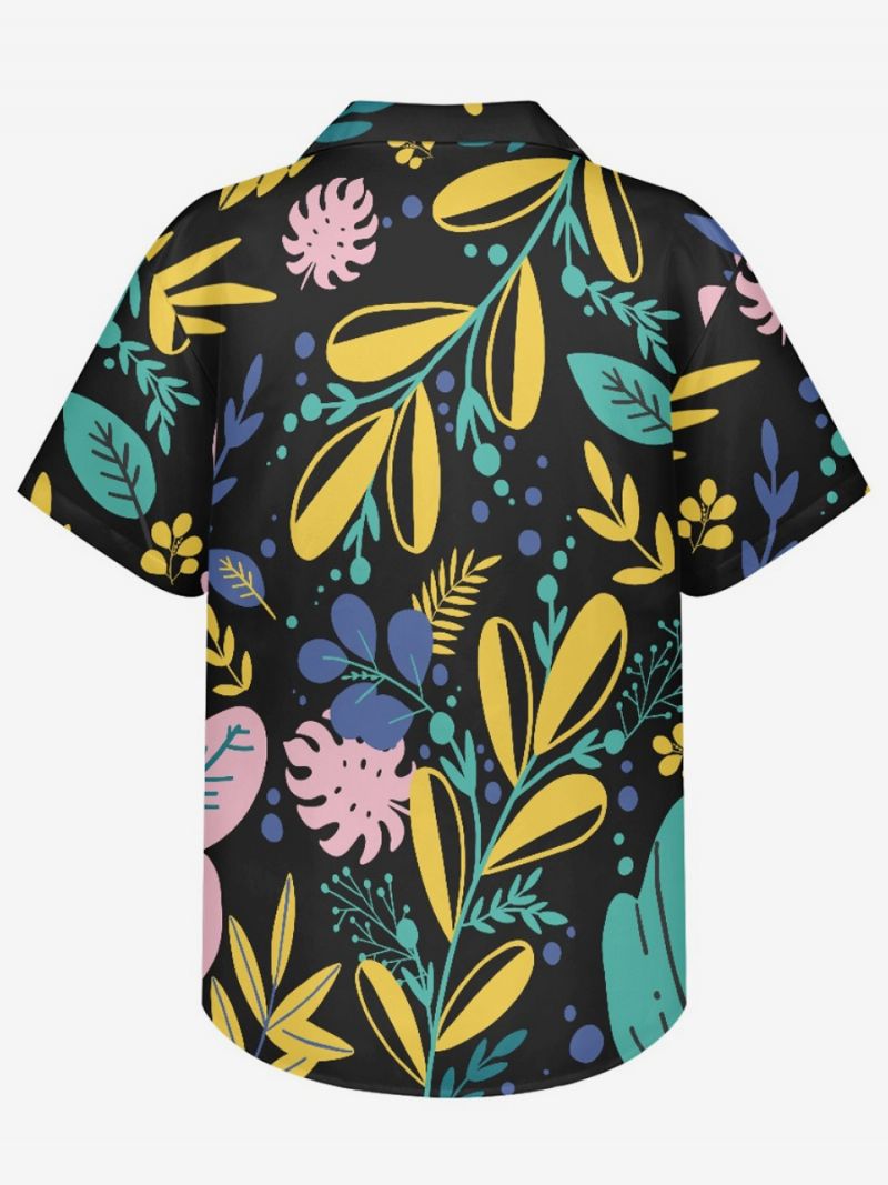 Kortärmad Hawaii-skjorta För Män Plant Printed Vacation Top - Svart