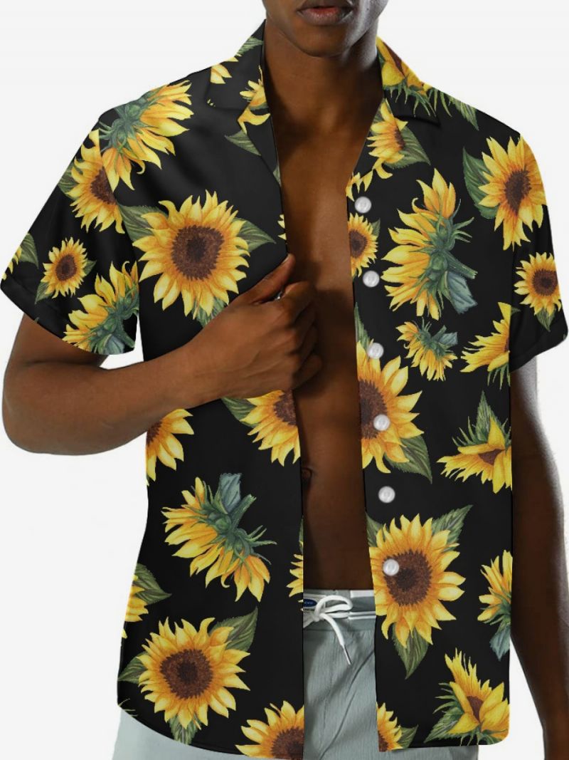 Män Funky Hawaiian Shirts Kortärmad Summer Vacation Sunflower Printed Beach Casual Hawaii Shirt