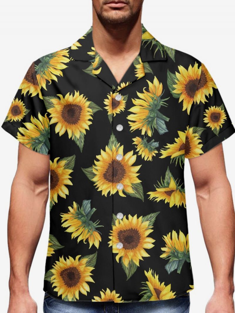 Män Funky Hawaiian Shirts Kortärmad Summer Vacation Sunflower Printed Beach Casual Hawaii Shirt - Svart