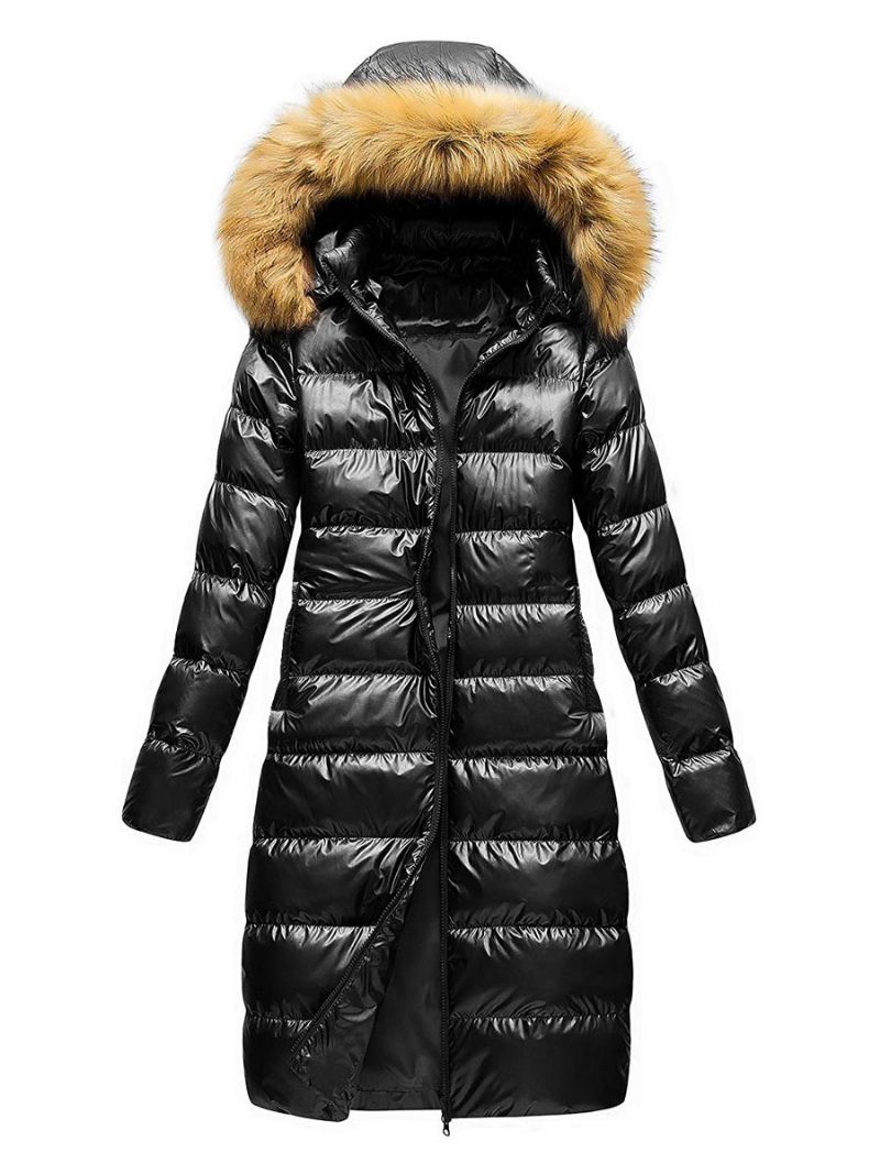 Damjacka Black Puffer Coat Fuskpäls Hooded Winter Ytterkläder