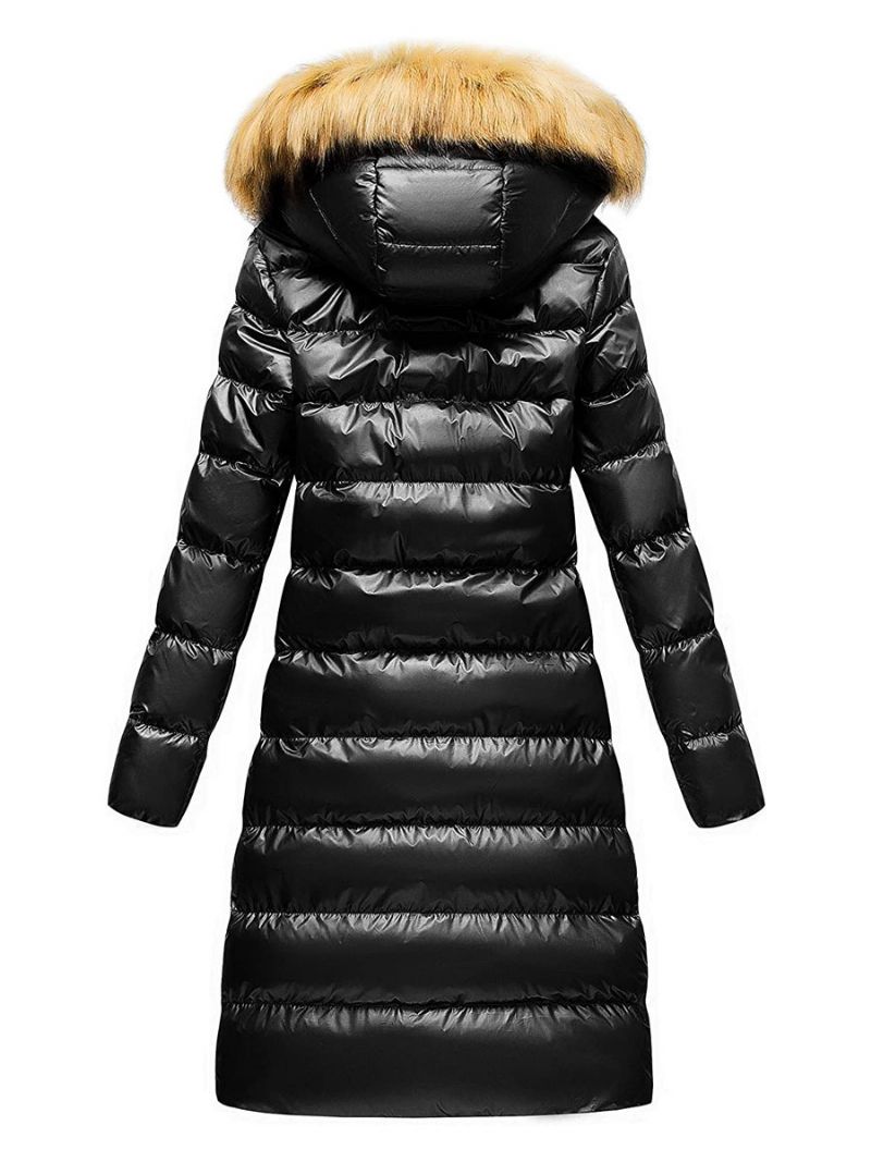 Damjacka Black Puffer Coat Fuskpäls Hooded Winter Ytterkläder - Svart