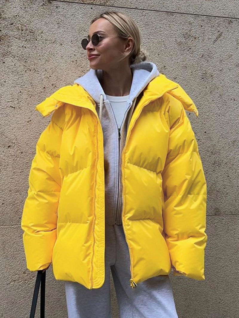 Puffer Coat Hooded Zipper Enfärgad Överdimensionerade Ytterkläder För Kvinnor - Gul