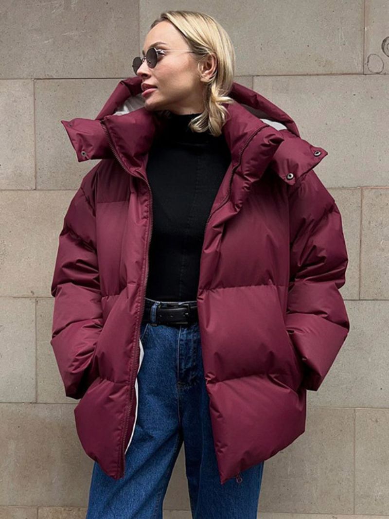 Puffer Coat Hooded Zipper Enfärgad Överdimensionerade Ytterkläder För Kvinnor - Bourgogne