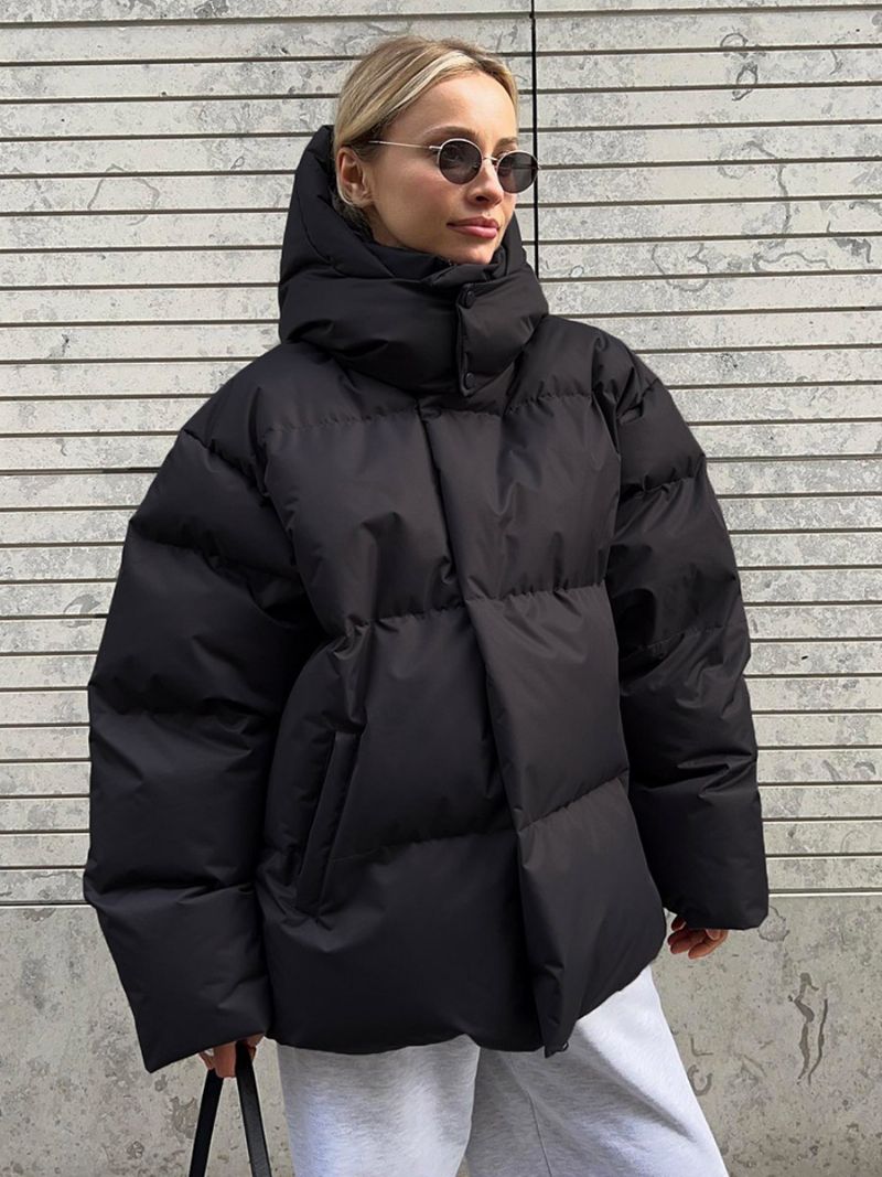 Puffer Coat Hooded Zipper Enfärgad Överdimensionerade Ytterkläder För Kvinnor - Svart