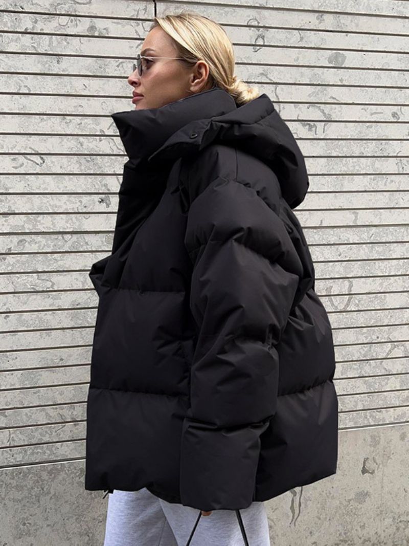 Puffer Coat Hooded Zipper Enfärgad Överdimensionerade Ytterkläder För Kvinnor - Svart