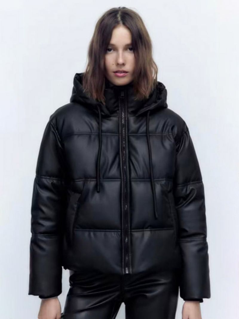 Puffer Coat Stand Krage Hodded Zip Up Sned Fickor Dam Ytterkläder