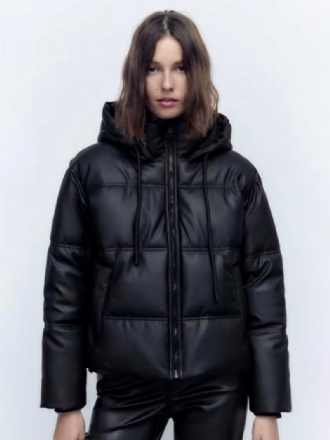 Puffer Coat Stand Krage Hodded Zip Up Sned Fickor Dam Ytterkläder