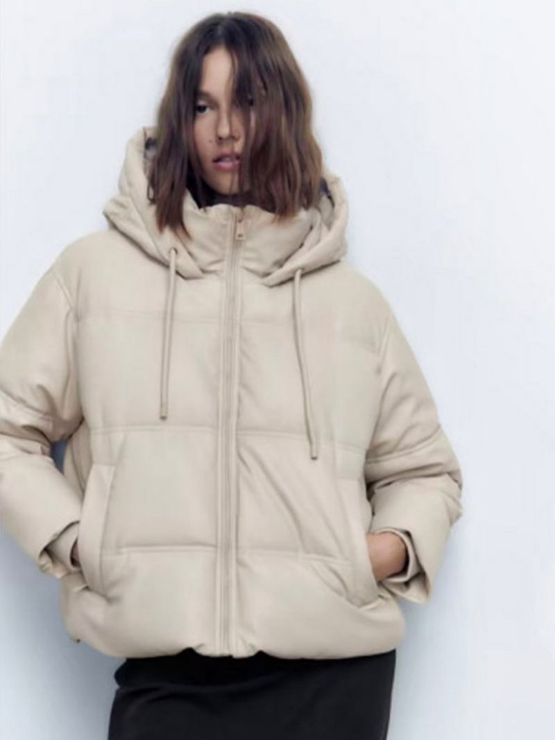 Puffer Coat Stand Krage Hodded Zip Up Sned Fickor Dam Ytterkläder - Beige