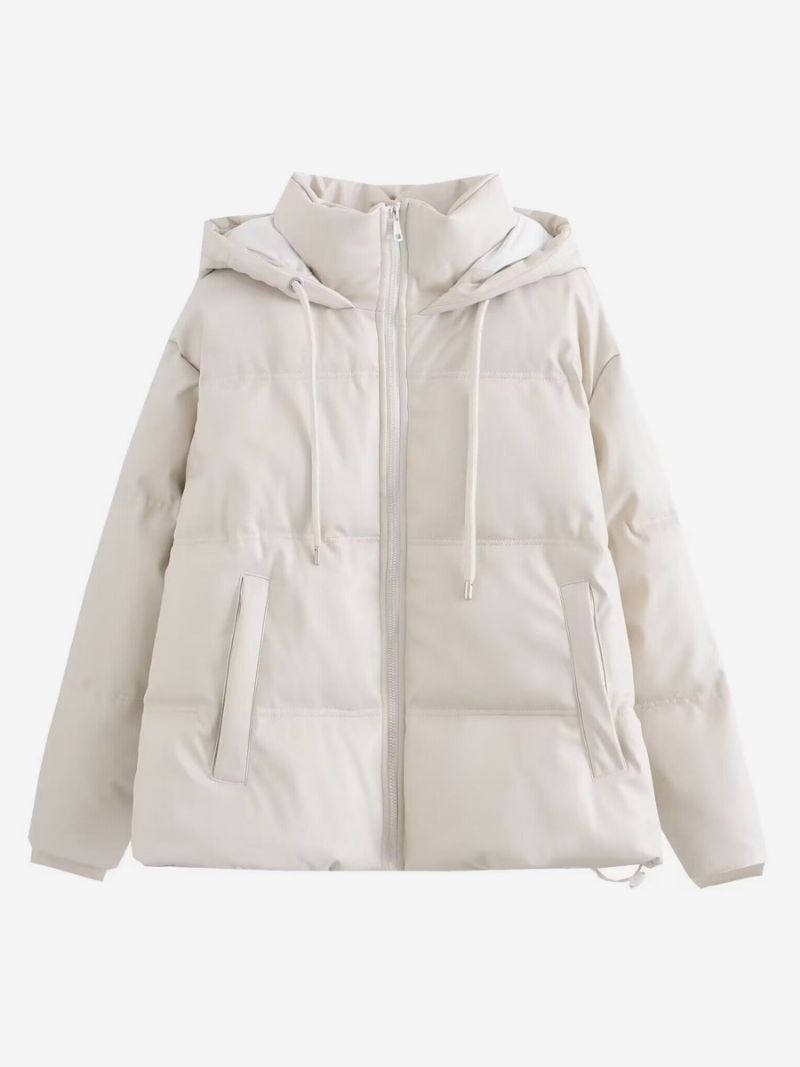 Puffer Coat Stand Krage Hodded Zip Up Sned Fickor Dam Ytterkläder - Beige