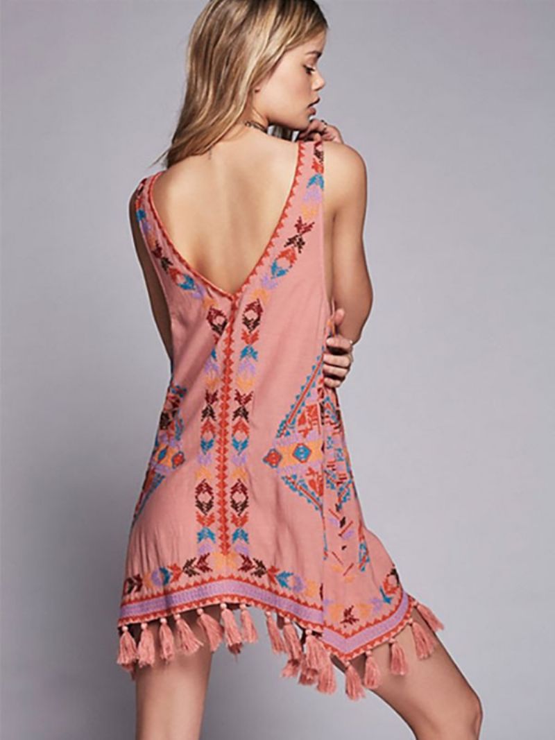 Boho Klänning Broderad Rosa V-ringad Ärmlös Bohemian Gypsy Beach Semester Sommar Kort Tank För Kvinnor - Rosa