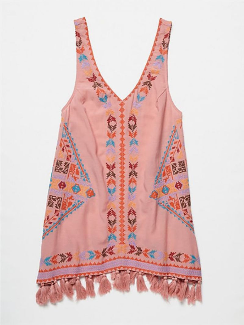 Boho Klänning Broderad Rosa V-ringad Ärmlös Bohemian Gypsy Beach Semester Sommar Kort Tank För Kvinnor - Rosa