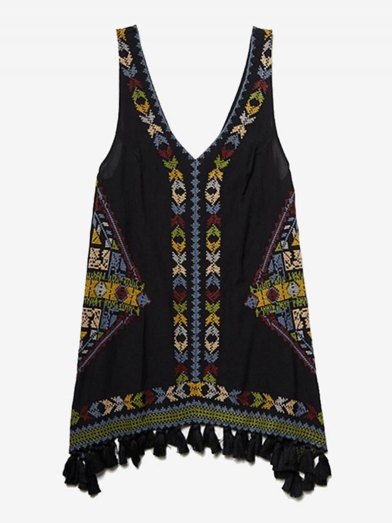 Boho Klänning Broderad Rosa V-ringad Ärmlös Bohemian Gypsy Beach Semester Sommar Kort Tank För Kvinnor - Svart