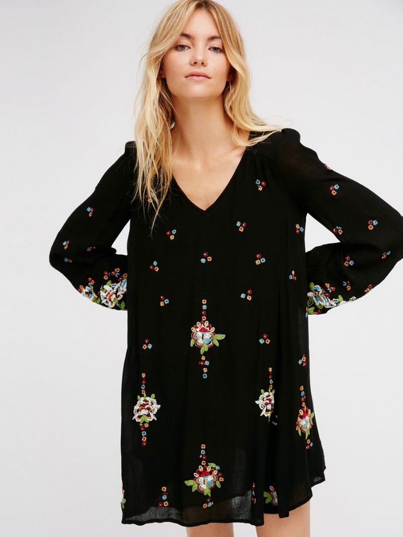 Boho Klänning Jewel Neck Långa Ärmar Broderad Bohemian Gypsy Beach Semester Vit Vår Sommar Kort Skift För Kvinnor - Svart