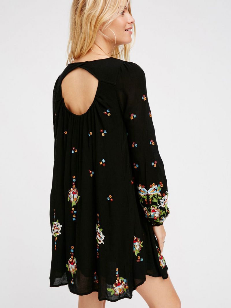 Boho Klänning Jewel Neck Långa Ärmar Broderad Bohemian Gypsy Beach Semester Vit Vår Sommar Kort Skift För Kvinnor - Svart