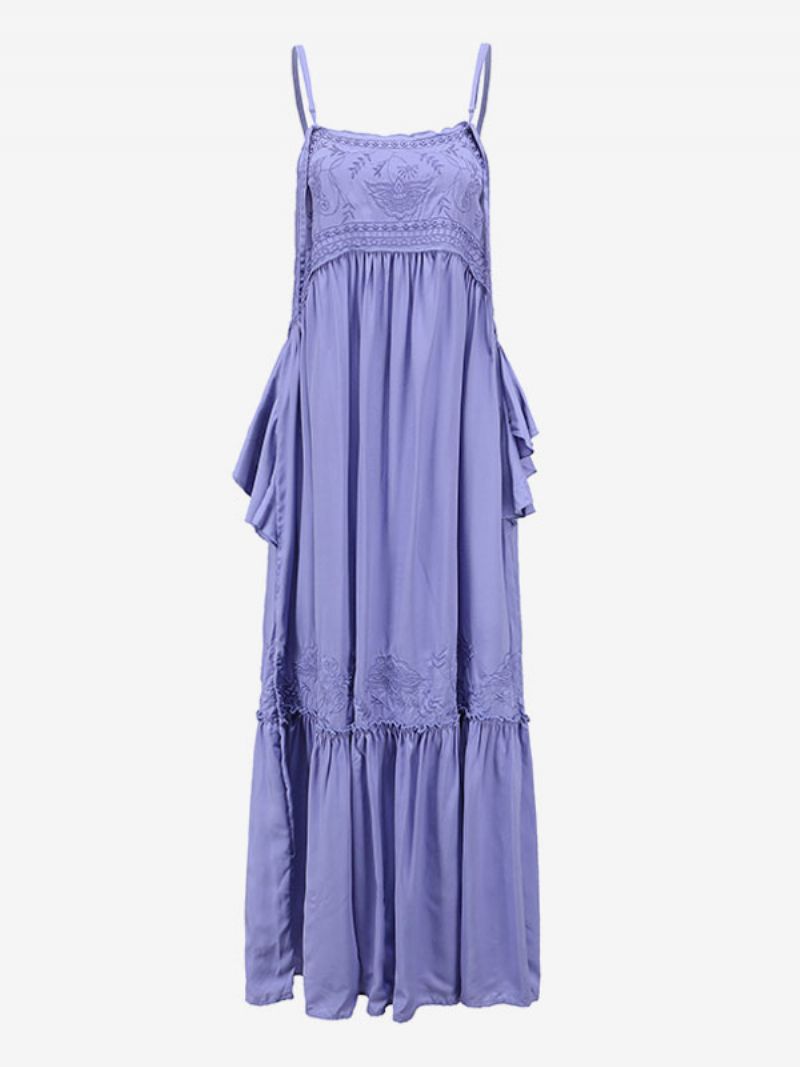 Boho Klänning Lilac Broderad Ärmlös Bohemian Gypsy Beach Semester Sommar Lång I Lager För Kvinnor - Lila