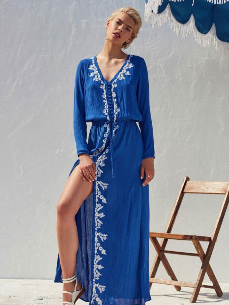 Boho Klänning Ljus Himmelsblå V-ringad Långa Ärmar Hög Split Broderad Bohemian Gypsy Beach Semester Vår Sommar Lång För Kvinnor