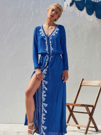 Boho Klänning Ljus Himmelsblå V-ringad Långa Ärmar Hög Split Broderad Bohemian Gypsy Beach Semester Vår Sommar Lång För Kvinnor