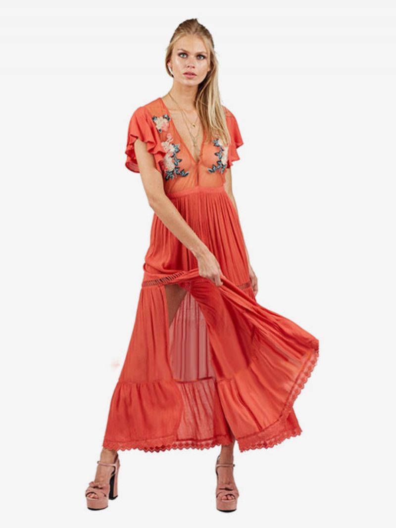 Boho Klänning Ljusrosa V-ringad Korta Ärmar Broderade Genomskinliga Bohemian Gypsy Beach Semester Sommar Maxiklänning För Kvinnor - Orange