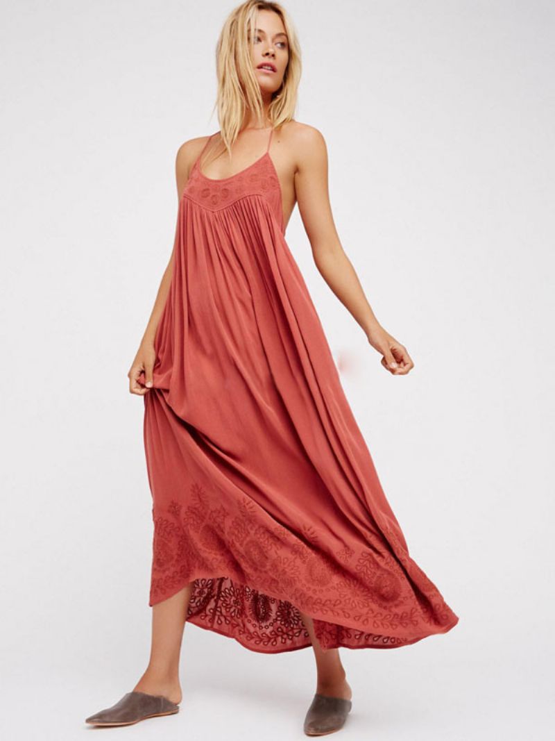 Boho Klänning Remmar Hals Ärmlös Coral Bohemian Gypsy Beach Semester Sommar Lång Slip För Kvinnor