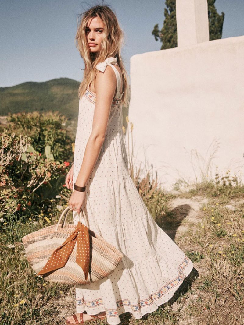 Boho Klänning Vit Ärmlös Bohemian Gypsy Beach Semester Sommar Maxi Slip Shift För Kvinnor - Vit