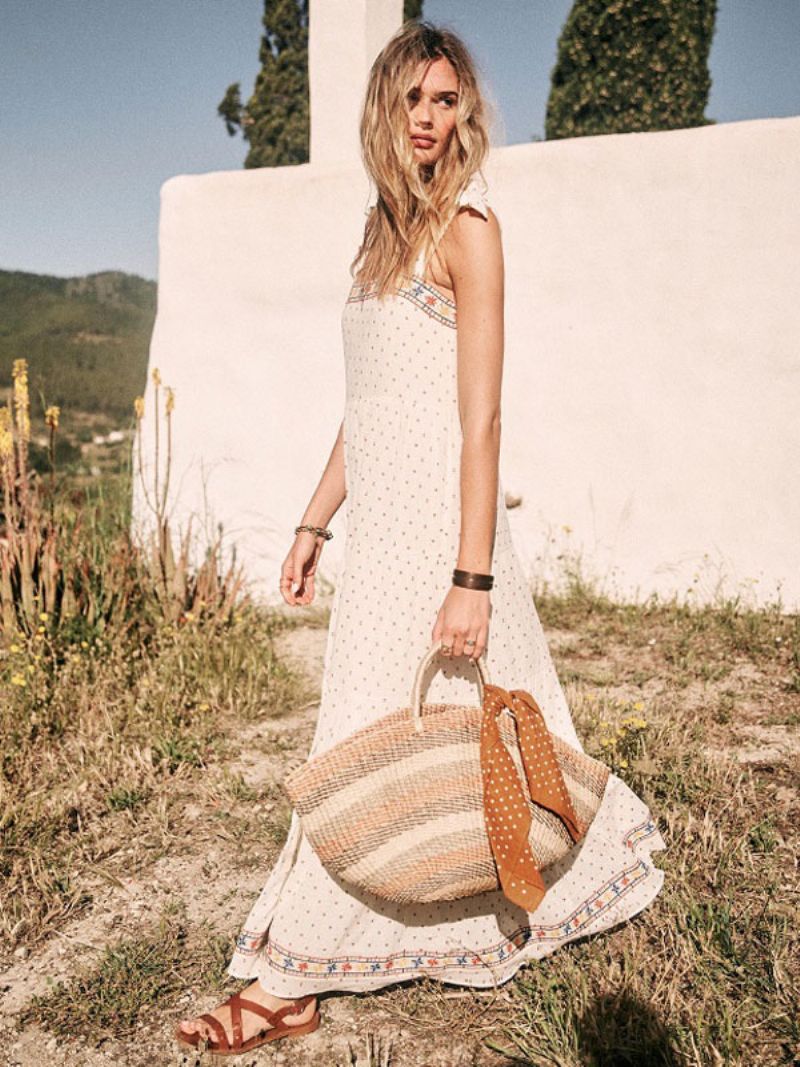 Boho Klänning Vit Ärmlös Bohemian Gypsy Beach Semester Sommar Maxi Slip Shift För Kvinnor - Vit