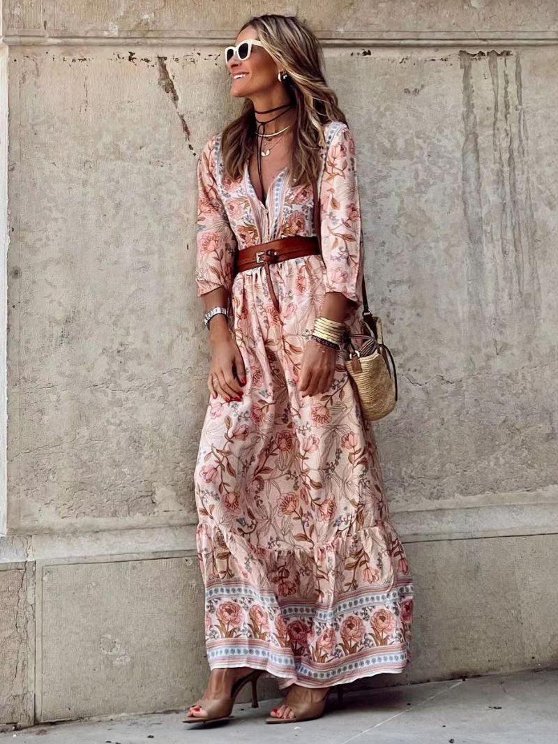 Kvinnors Bohemian Klänningar Blommig V-ringad Långärmad Spring Maxi Dress