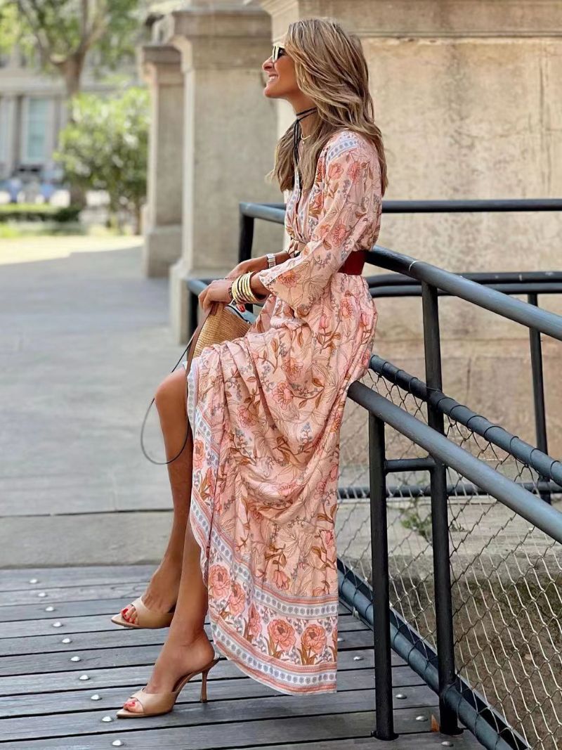 Kvinnors Bohemian Klänningar Blommig V-ringad Långärmad Spring Maxi Dress - Rosa