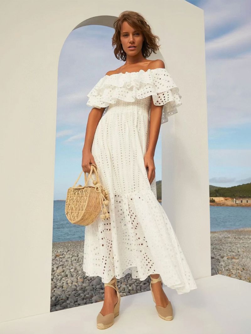 Kvinnors Boho Klänning Axelbandslös Bateau Neck Ärmlös Lace Sommarklänning - Vit