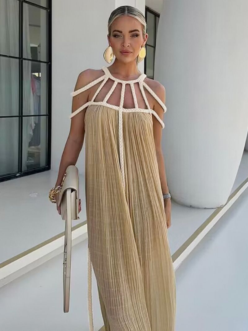 Kvinnors Boho Klänning Designad Urringning Ärmlös Oversized Cut Out Beach Dress - Ljusbrun