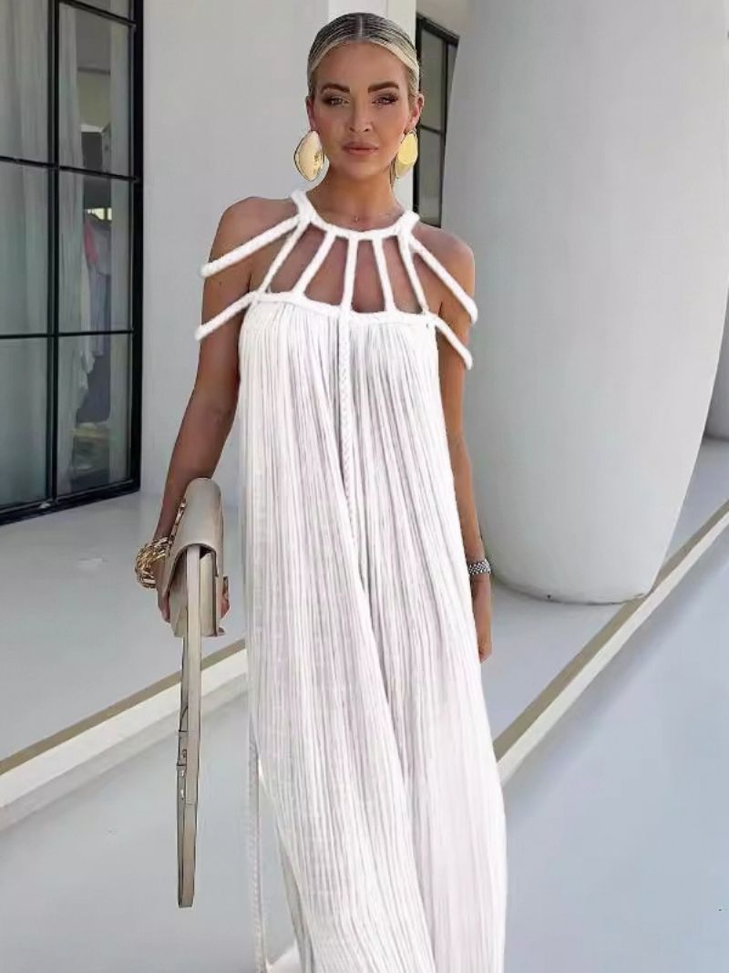 Kvinnors Boho Klänning Designad Urringning Ärmlös Oversized Cut Out Beach Dress - Vit