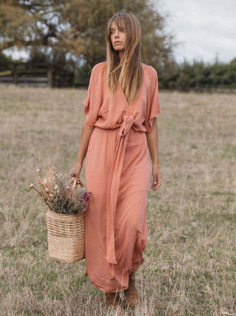 Kvinnors Boho Klänning Dopp Halvärmar Bältade Summer Beach Maxiklänningar - Rosa