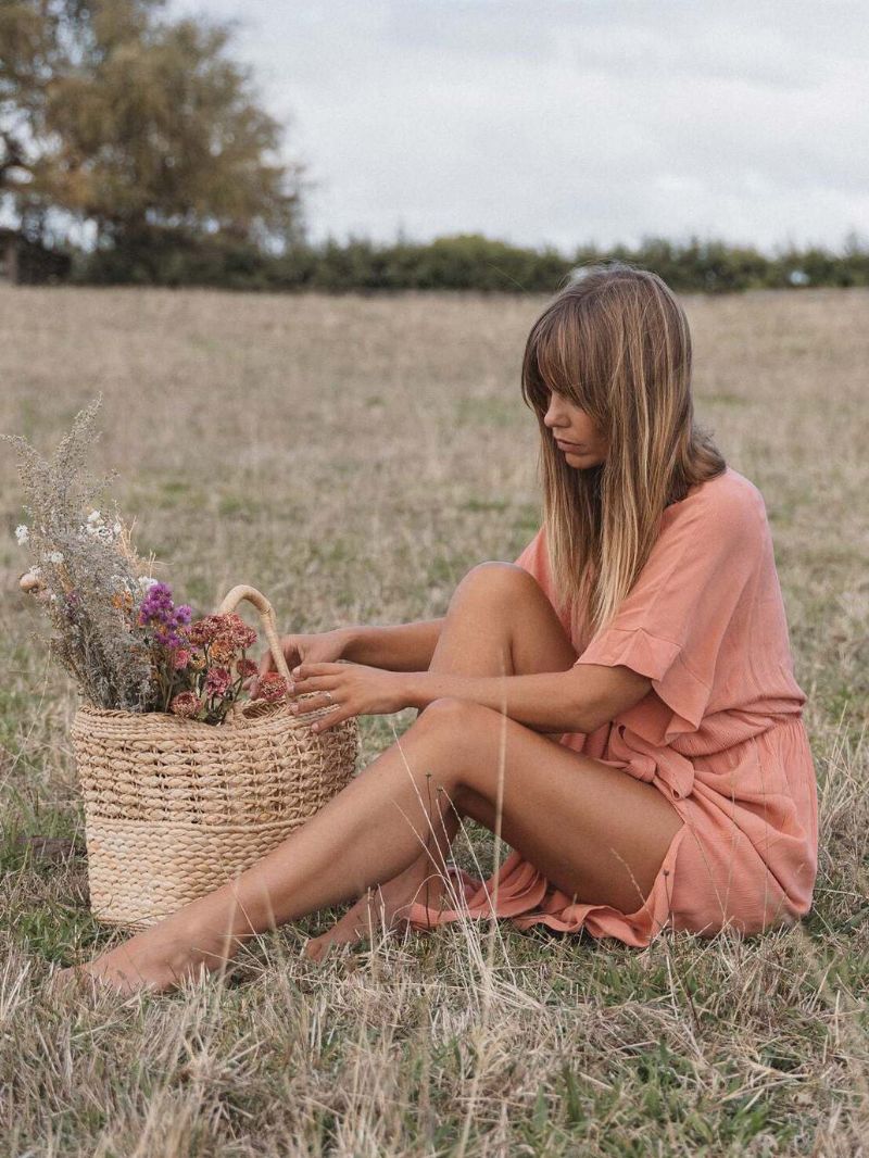 Kvinnors Boho Klänning Dopp Halvärmar Bältade Summer Beach Maxiklänningar - Rosa