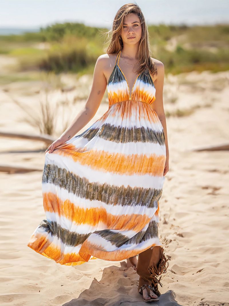 Kvinnors Boho Klänning Halter V-ringad Öppen Rygg Casual Resort Sommar Maxiklänningar - Orange