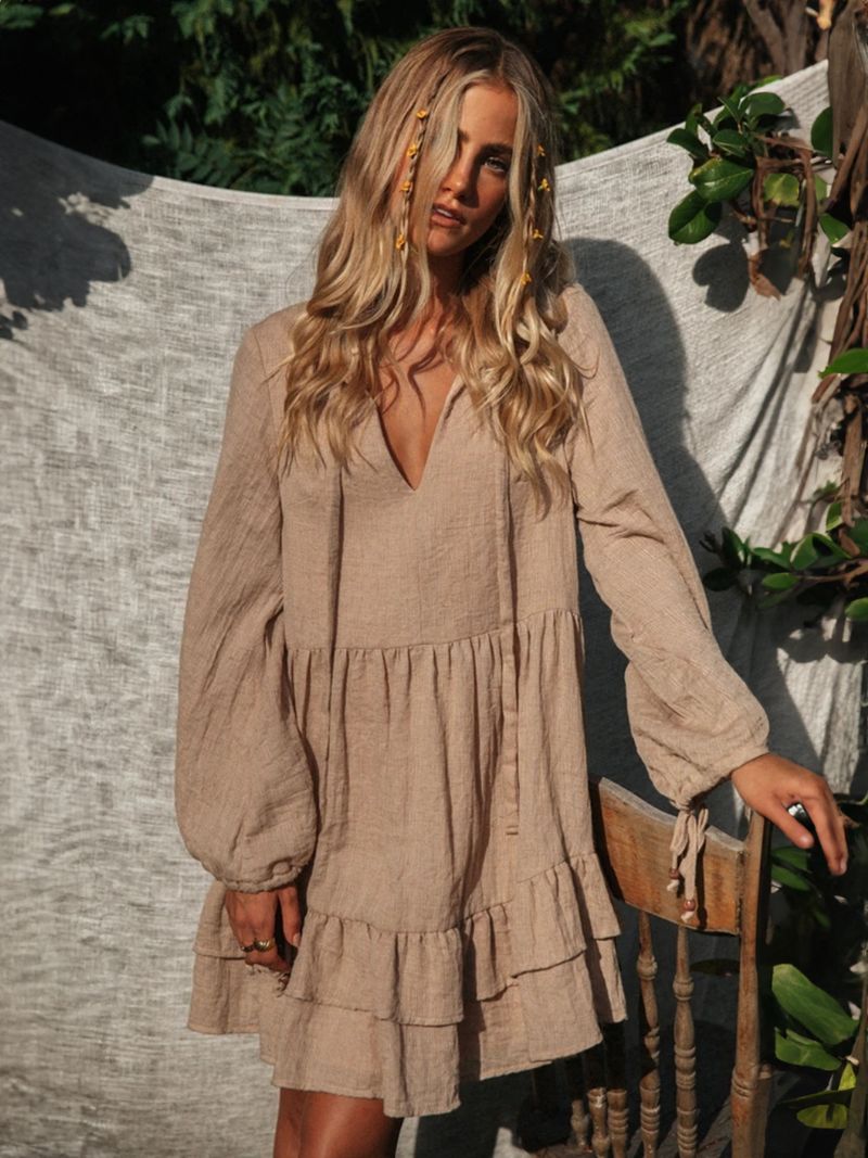 Kvinnors Boho Klänning Sash V-ringad Långärmad Oversized Strandklänning - Kaffe Brun