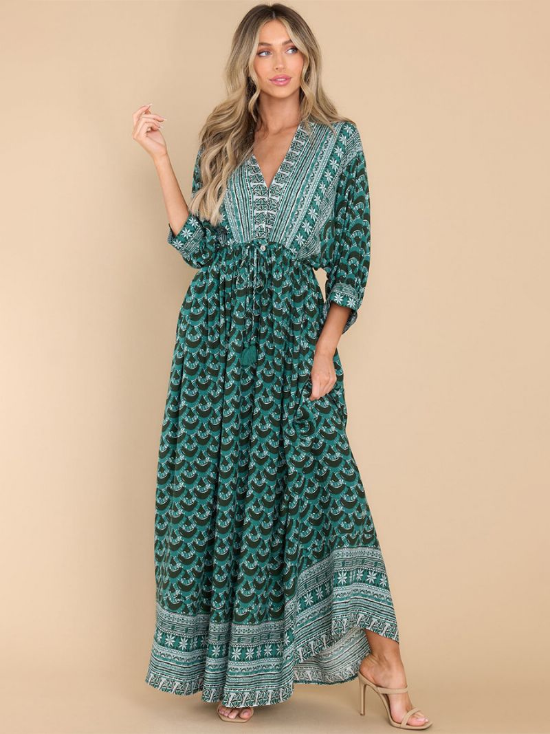 Kvinnors Boho Klänning Tryck V-ringad High Cut Daily Casual Maxi Beach Klänningar