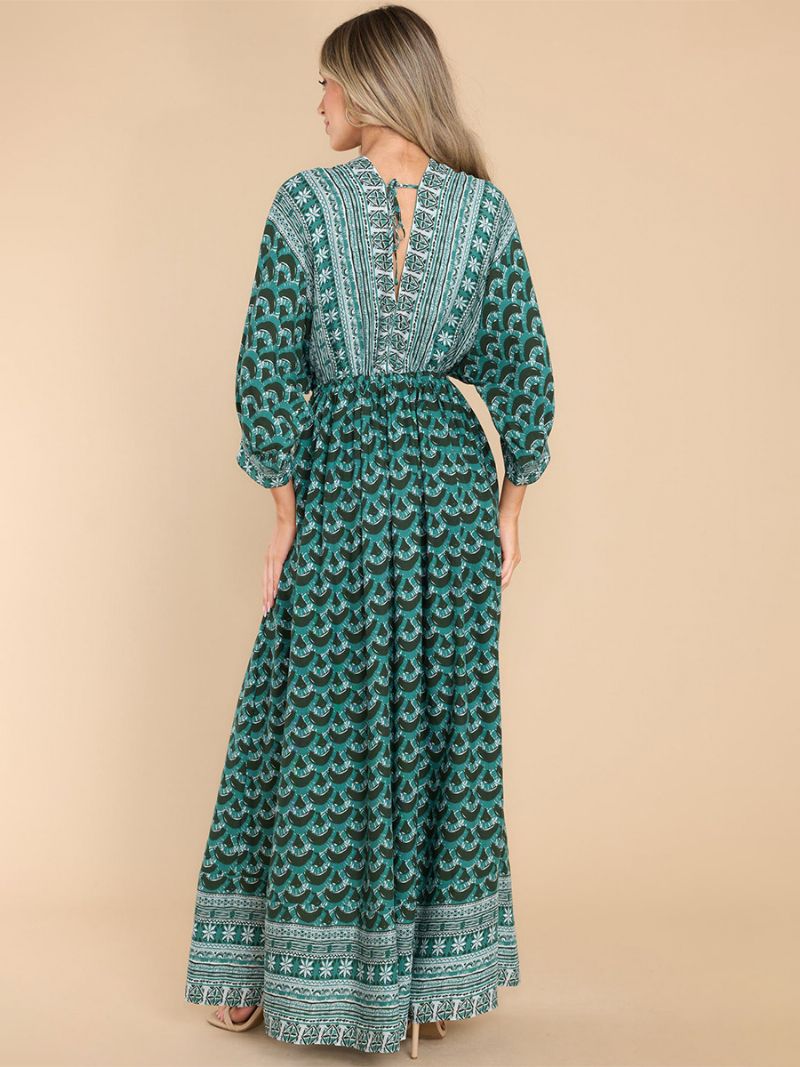 Kvinnors Boho Klänning Tryck V-ringad High Cut Daily Casual Maxi Beach Klänningar - Grön