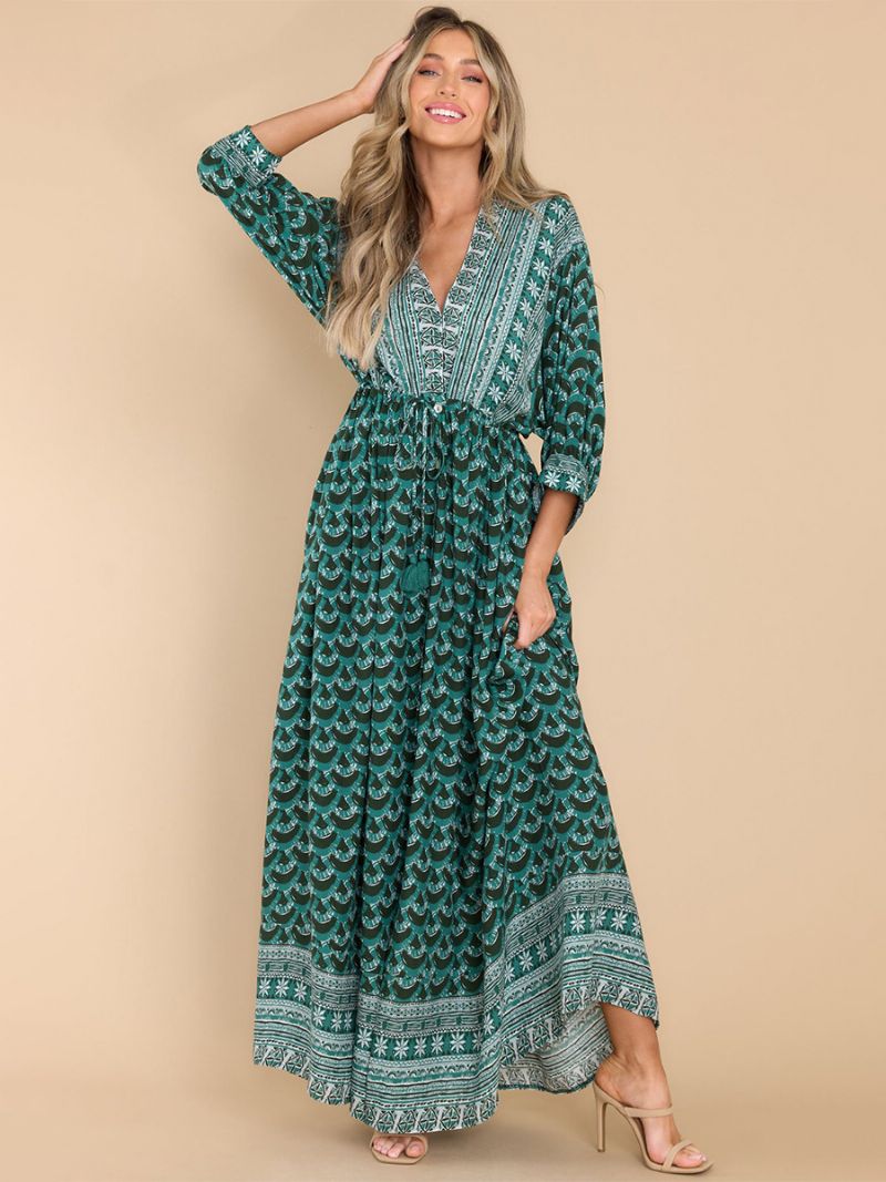 Kvinnors Boho Klänning Tryck V-ringad High Cut Daily Casual Maxi Beach Klänningar - Grön