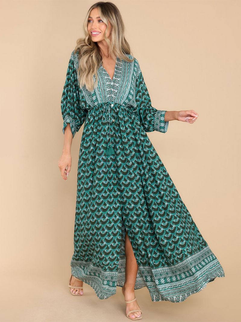 Kvinnors Boho Klänning Tryck V-ringad High Cut Daily Casual Maxi Beach Klänningar - Grön