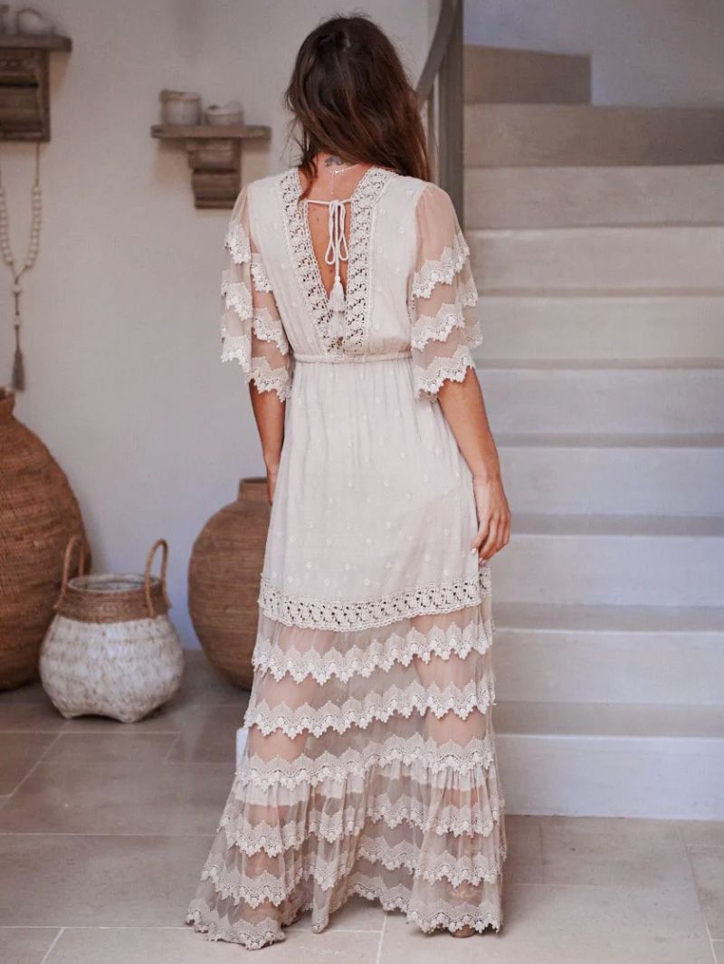 Kvinnors Boho Klänning V-hals Halva Ärmar Layered Lace Beach Dress - Vit