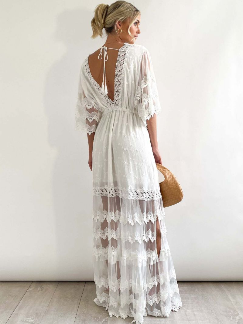 Kvinnors Boho Klänning V-hals Halva Ärmar Layered Lace Beach Dress - Vit