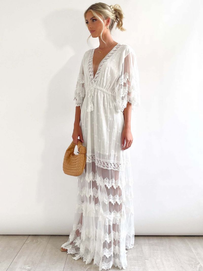 Kvinnors Boho Klänning V-hals Halva Ärmar Layered Lace Beach Dress - Vit