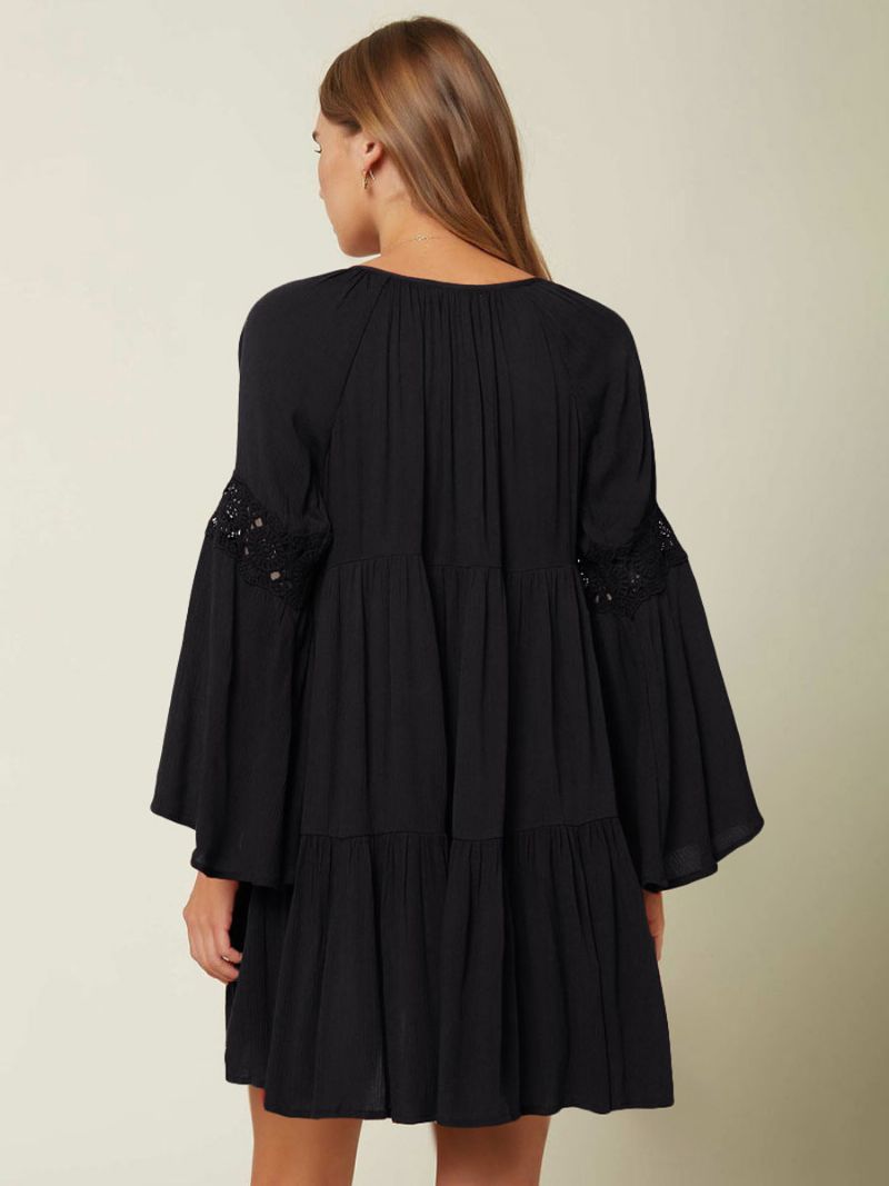 Kvinnors Boho Klänning V-ringad Långärmad Oversized Cut Out Sommarklänning - Svart