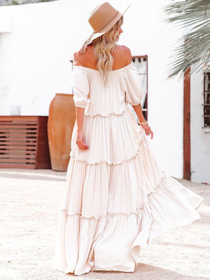 Kvinnors Maxiklänning Off The Shoulder Ruffles Trim Casual Långa Sommarklänningar - Rosa