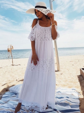 Vit Boho Klänning Kvinnor Maxiklänning Spets Halvärm Cold Shoulder Beach Dress