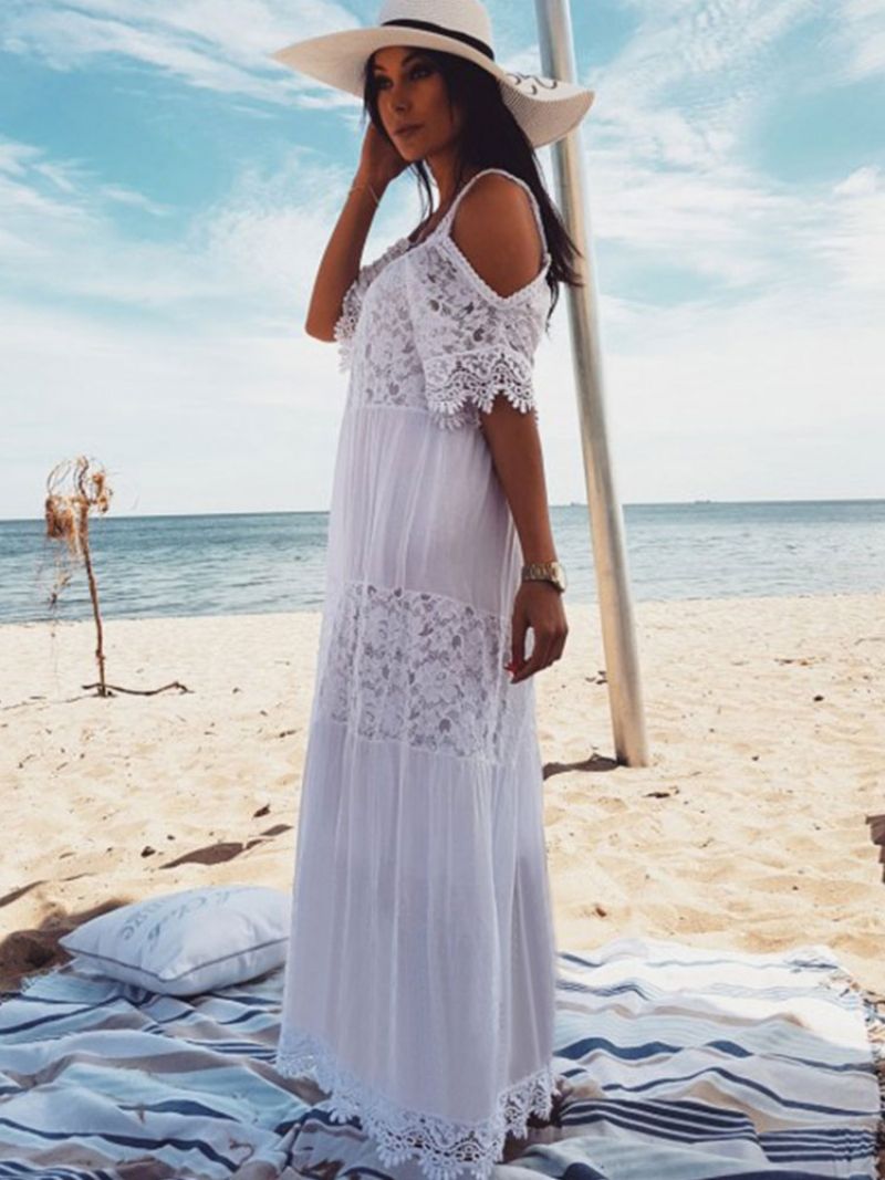 Vit Boho Klänning Kvinnor Maxiklänning Spets Halvärm Cold Shoulder Beach Dress - Vit